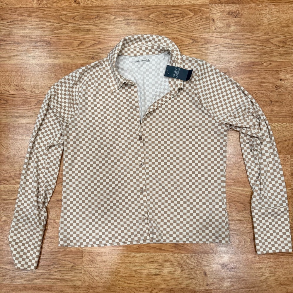 ✨NWT Abercrombie & Fitch Neutral Gingham Plaid check long sleeve stretch top XL